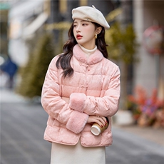 2025年冬款提花盘扣新中式白鸭绒羽绒服时尚水貂毛立领短外套，女装羽绒服，贝蕾酷儿