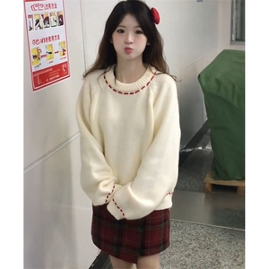 甜美杏色圆领套头毛衣女学生冬季学院风软糯百搭针织衫M6188