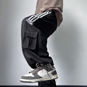秋季大口袋运动卫裤潮牌宽松休闲裤美式复古条纹裤子男 K7451-P40图片