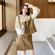小个子甜美气质套装裙女2025秋季新款设计感假两件上衣短裙两件套，女装套装/套裙，2C032
