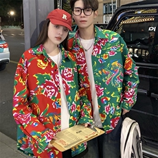 PC203情侣休闲东北大花拼接长袖衬衫外套男女宽松寸衣汉服演出服，男装衬衫，星座115A(原星座507）