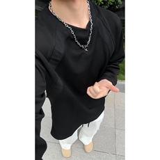 抖音得物品质26春装美式高街宽松曼巴棉螺纹拼接卫衣圆领长袖T恤，男装T恤，电商A443