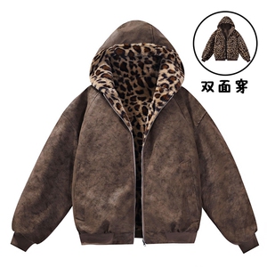 数据款座山雕荔枝纹双面穿PU皮豹加绒男女连帽棉衣PYM659 P100图片