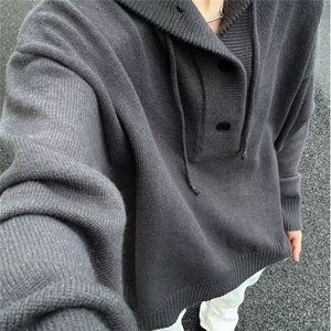 现货美式毛衣男女生秋冬季新款慵懒风宽松连帽套头针织衫外套网图图片