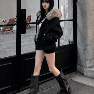 现货重磅boxy短款棉衣座山雕大毛毛领男女棉服水洗工装厚外套图片