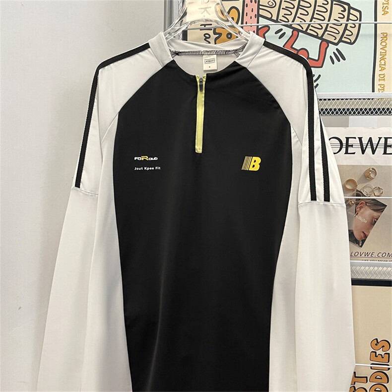 半拉链插肩袖撞色速干t恤夏季宽松运动球衣凉感长袖FT74P42,男装T恤,星座1013-1