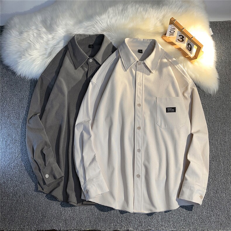 抖音春秋季华夫格衬衫新款休闲百搭男宽松衬衣DX801P55控89,男装衬衫,电商B413-1