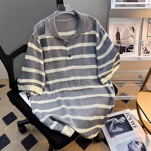 条纹撞色翻领针织polo衫男夏季透气休闲宽松百搭短袖上衣9165 P38图片