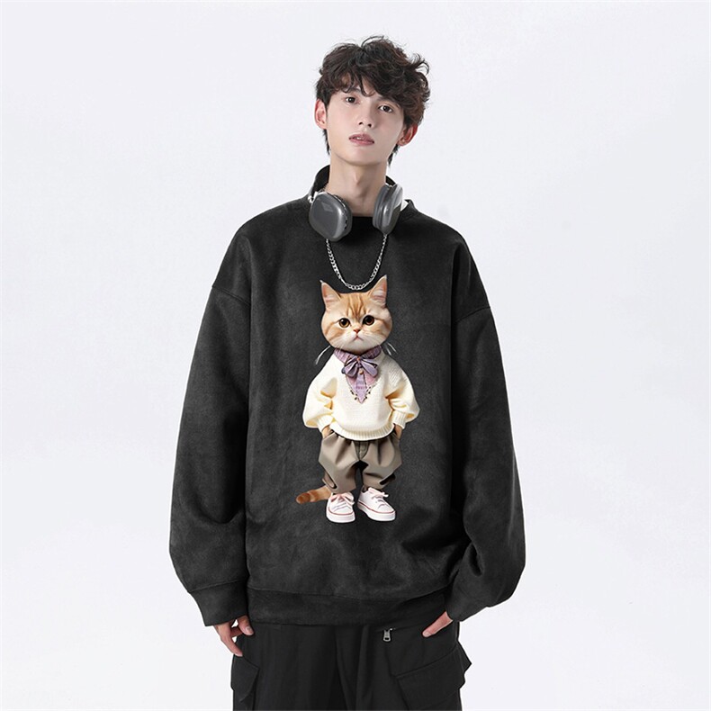 抖音得物高品质日系猫咪麂皮绒宽松圆领卫衣wyjp4048-特p35控69,男装卫衣,星座605(原A050)
