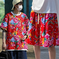 TZ2008男士夏季圆领短袖短裤人棉东北大花布透气凉爽套装大码男，男装休闲套装，星座115A(原星座507）