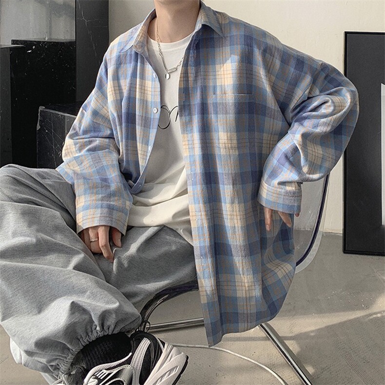港风复古格子衬衫男长袖宽松休闲高级感男生衬衣外套CA56-P35,男装衬衫,星座208-5