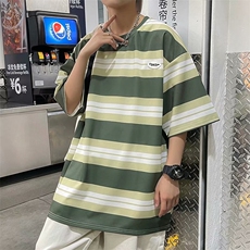 条纹短袖t恤男夏新款港风百搭半袖日系宽松圆领五分袖T699-P20，男装T恤，星座512-4