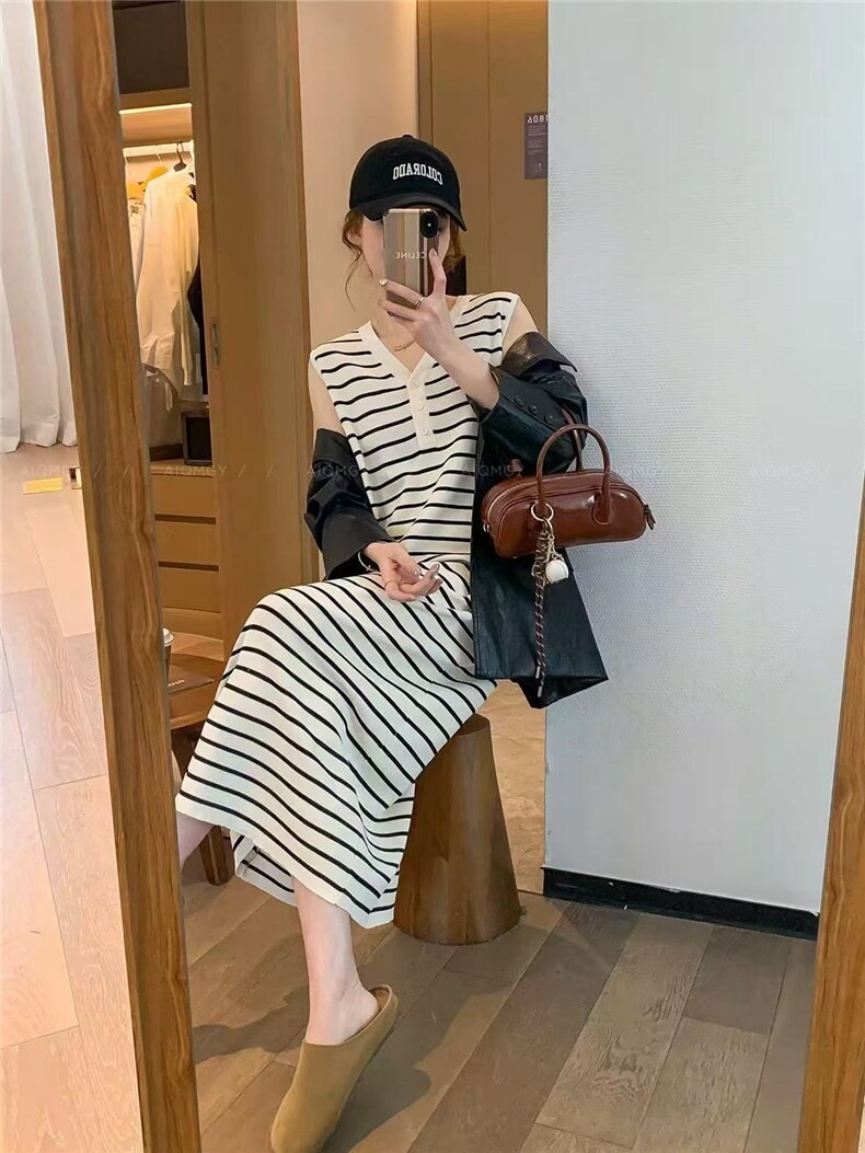 夏季新款V领潮牌港味复古修身显瘦女士条纹连衣裙图片