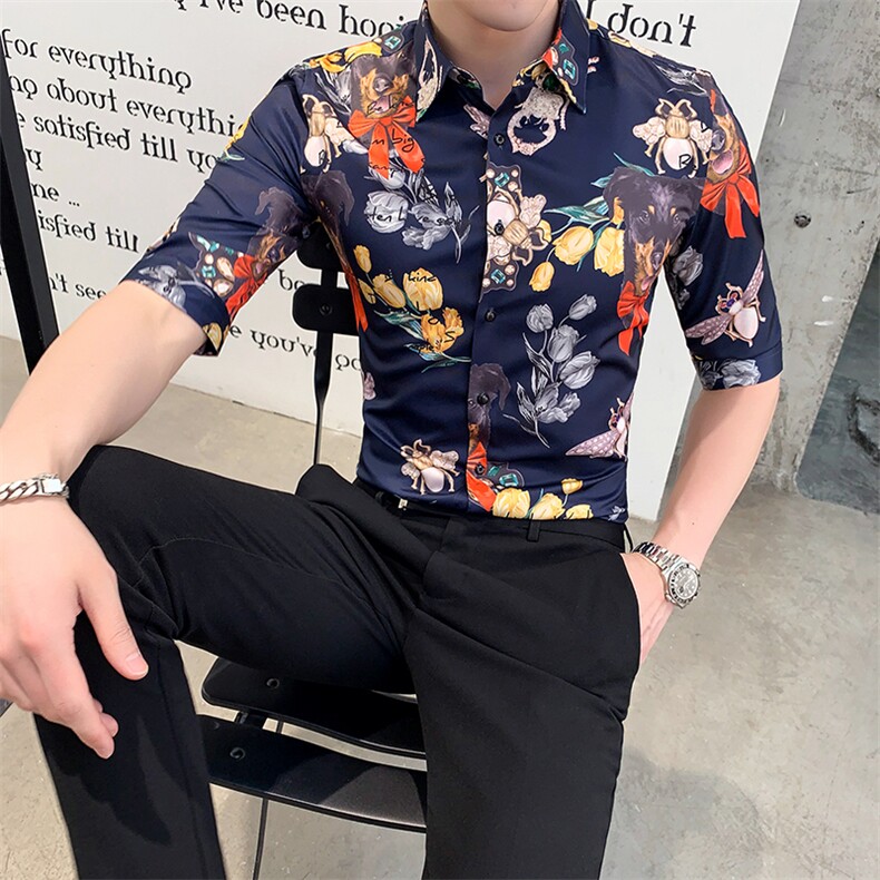 2021夏季社会风中袖花衬衫男士修身七分袖半袖衬衣A470-CS12,男装衬衫,电商A207
