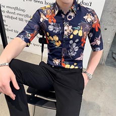 2021夏季社会风中袖花衬衫男士修身七分袖半袖衬衣A470-CS12，男装衬衫，电商A207
