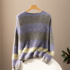 2025年秋季套头时尚百搭通勤简约休闲圆领紫灰条纹套头，女装羊绒衫，致织羊绒