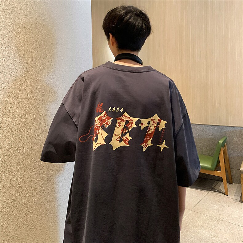 夏季新款龙年字母印花高街短袖宽松M~5XLXZ604-DT217-P25控39,男装T恤,星座604