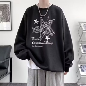 黑色薄款圆领卫衣男春秋新款青少年宽松印花卡通学生百搭休闲外套,红翼哪款搭配西裤图片