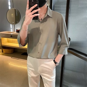 2024夏季衬衫男薄款修身冰丝短袖青年纯色春秋七分袖衬衣男 Y50图片