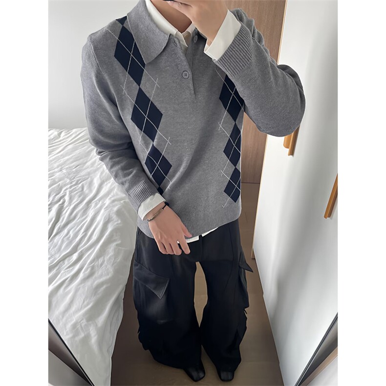 英伦风菱格纹长袖针织衫男修身显瘦毛衣，男装针织衫/毛衣，星座410-7