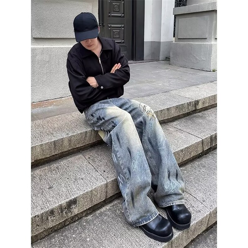 美式vintage涂鸦牛仔裤男潮牌水洗宽松阔腿裤春秋季痞帅休闲长裤，男装牛仔裤，星座601-1