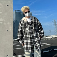 格子连帽长袖衬衫女2024春秋季新款宽松呢料衬衣外套夹克C29/P54，男装夹克，星座506