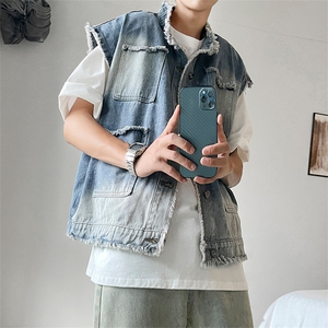 美式破洞牛仔马甲男款夏季潮牌无袖坎肩背心潮流翻领工装夹克外套图片