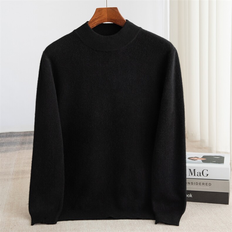 时尚男士半高领长袖套头衫黑色设计，男装羊毛衫，端硕羊绒