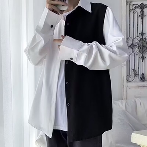 禁欲系男装冷淡风衬衣男设计感小众上衣秋季黑白拼接衬衫炸街外套图片