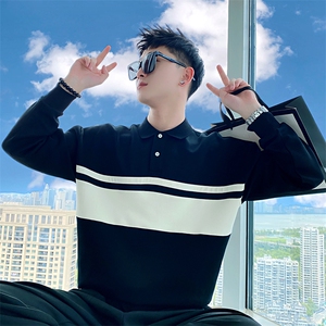 AW16/P68控98秋季社会小伙百搭条纹撞色polo领长袖卫衣男黑首图片
