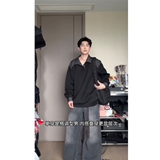 现货『轻启秋日松弛自洽』高级拼色设计感Polo领上衣长袖，男装卫衣，星座910A
