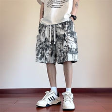 美式扎染工装短裤男潮牌设计感夏季休闲宽松阔腿五分裤，男装牛仔裤，星座716-2