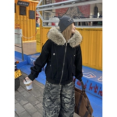 现货重磅boxy短款棉衣座山雕大毛毛领男女棉服水洗工装厚外套，男装棉衣，电商A486-1