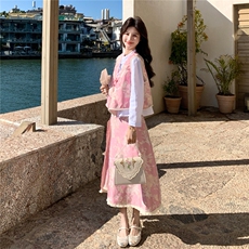 新款粉色新中式提花盘扣马甲三件套套装裙女2C282-213P215K348，女装套装/套裙，2C282