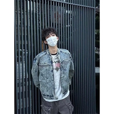 FFY2158-P68美式复古水洗垫肩短款牛仔外套做旧潮高级设计感，男装工装外套，电商B323A