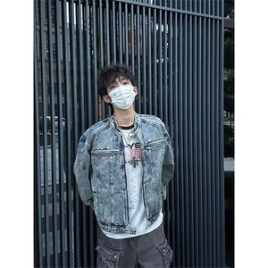 FFY2158-P68 美式复古水洗垫肩短款牛仔外套做旧潮高级设计感图片
