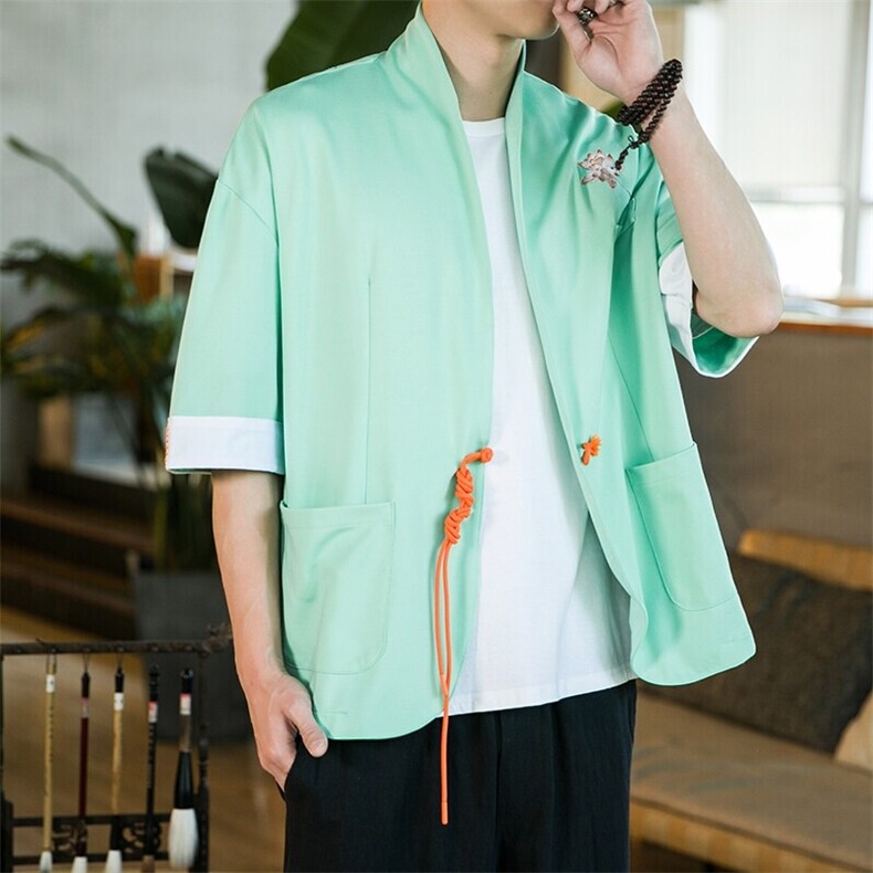 夏季风开衫外套绣花宽松休闲汉服短袖衬衫情侣潮JK23/P65,男装T恤,钱塘713