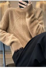 2025年秋季常规款加厚半高领扭花时尚百搭，女装针织衫/毛衣，秀阁羊绒
