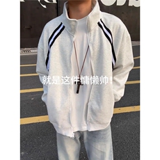条纹拼接开衫卫衣男款秋季潮牌学院风运动外套美式立领夹克HT24，男装夹克，星座516A
