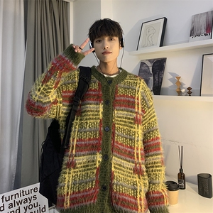 MY2081-P68慵懒风貂毛拼色条纹开衫毛衣图片