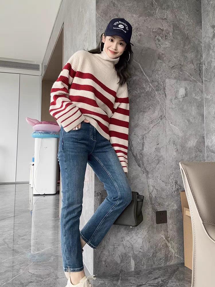 时尚彩条高领女士羊毛衫简约百搭保暖柔软,女装羊毛衫,千御纺羊绒