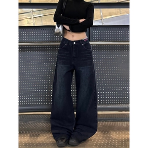 彩色字母标语阔腿牛仔裤女秋冬宽松街头休闲直筒拖地长裤N9048图片