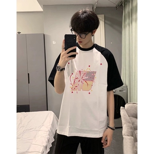 抖音得物高品质二开240克宽松纯棉美式潮牌插肩袖拼接短袖T恤图片