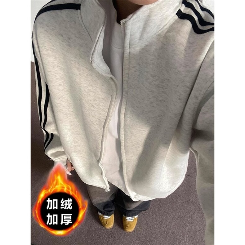加绒加厚冬男女卫衣三条杠条纹宽松保暖外套WY1050 P47 加绒 P50图片