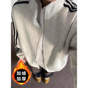 加绒加厚冬男女卫衣三条杠条纹宽松保暖外套WY1050 P47 加绒 P50图片