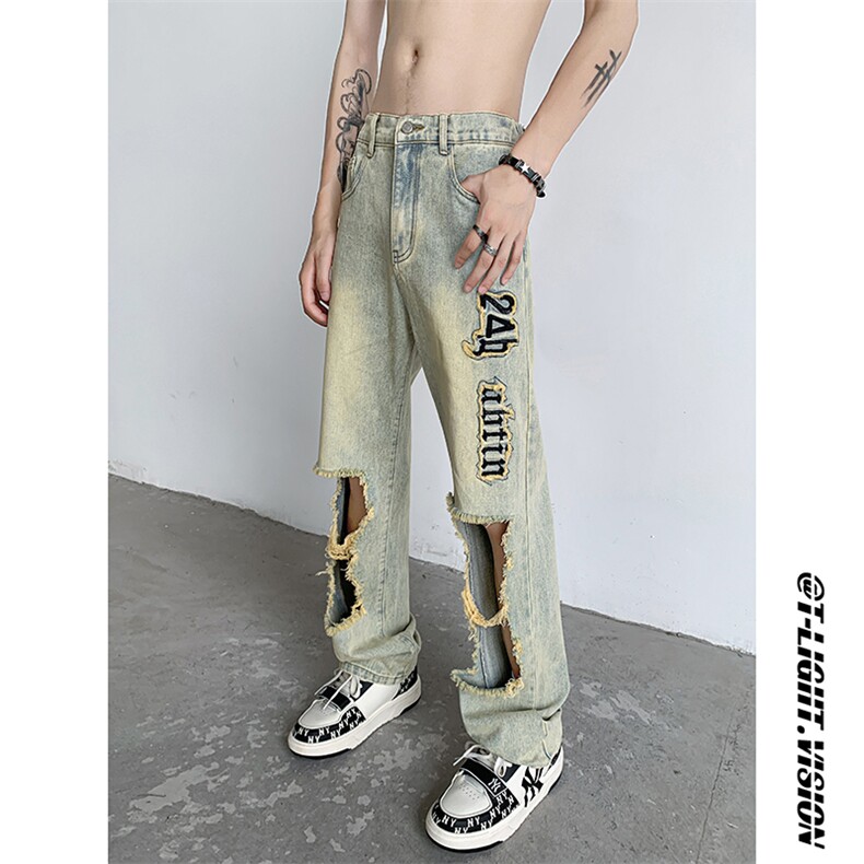 B221美式ins高街小众情侣款大破洞牛仔裤LK23078-P55控78,男装牛仔裤,电商B221