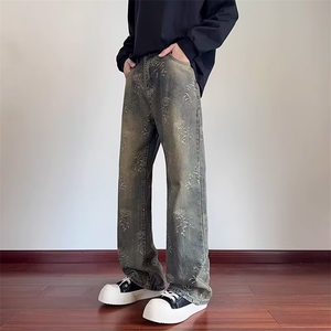 1506-1/KK8831/P47春季美式休闲痞帅水洗复古泼墨牛仔裤男直筒图片