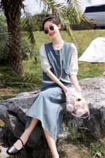 中袖牛仔套裙2023夏季女复古高级感气质显瘦中长款裙子，女装套装/套裙，众宇琦