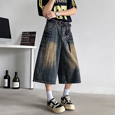 美式复古阔腿七分牛仔裤男女夏季宽松休闲直筒中裤N06682-P48，男装牛仔裤，星座308B-1