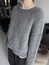 新款平面圆领时尚百搭休闲风，女装针织衫/毛衣，百纯羊绒